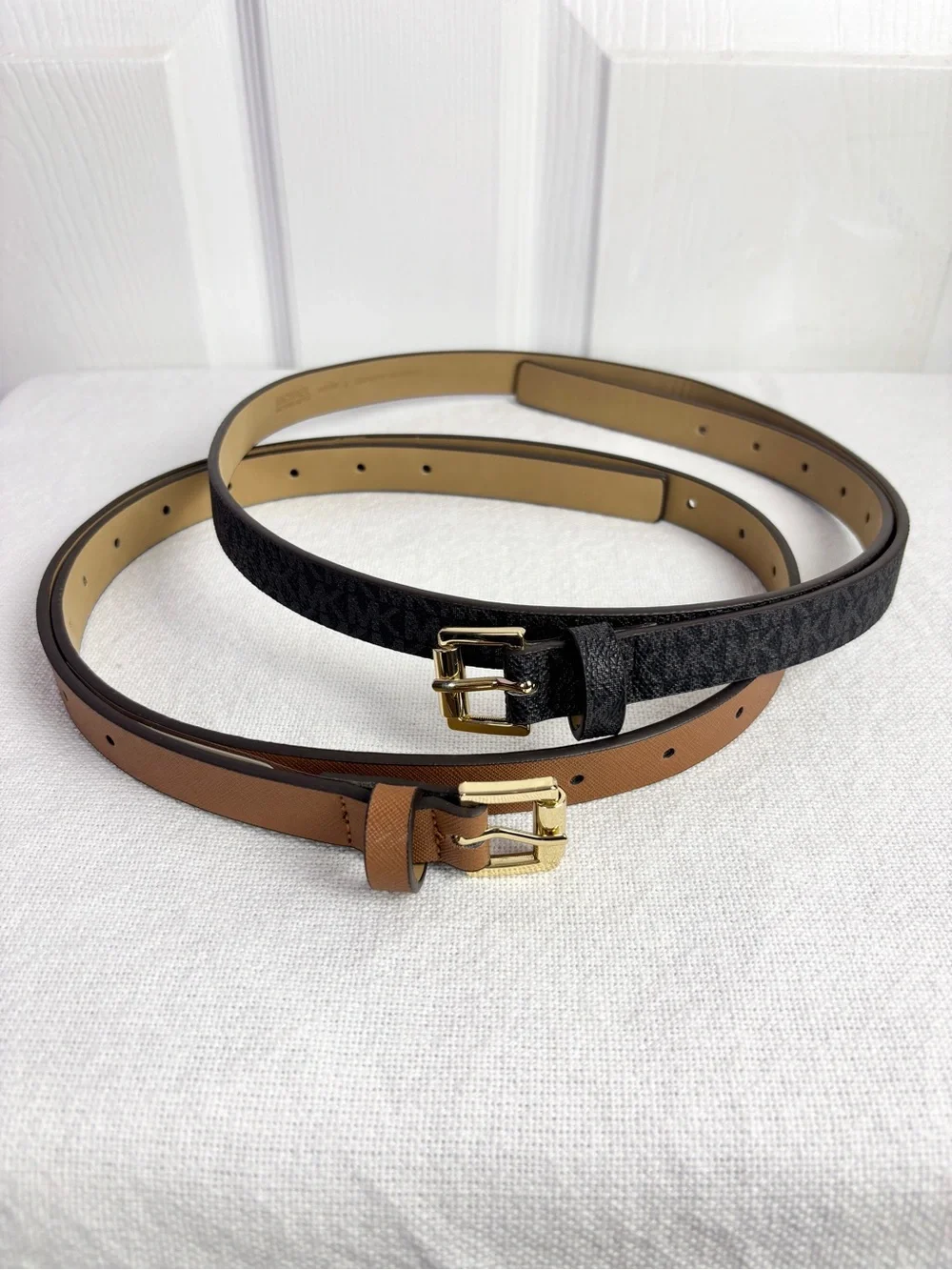 Michael Kors 2Pack Skinny Belt Set Size L New With Tags Brown/Gold & Black/Gold